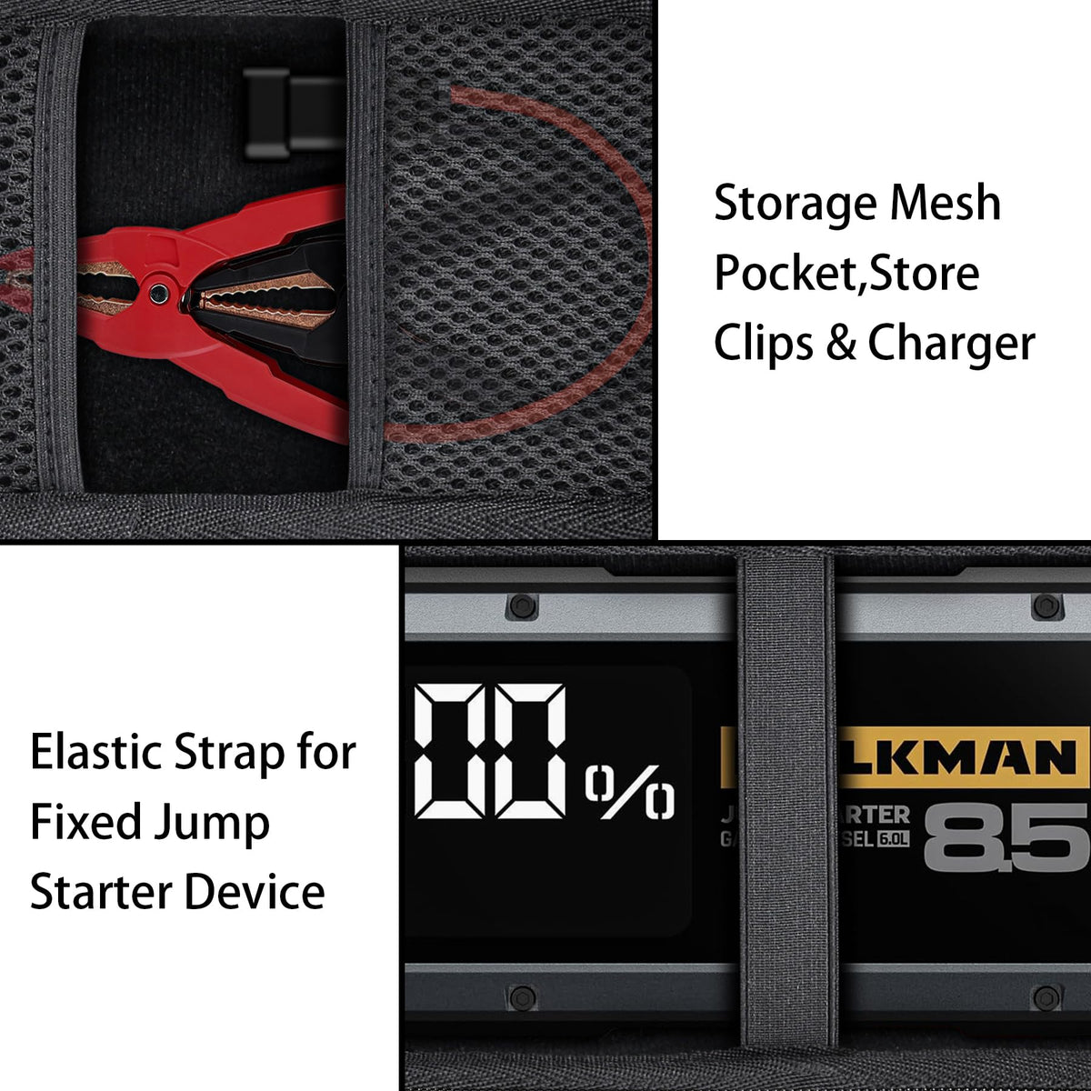 Aenllosi case opened to show mesh pocket holding clamps, keeps HULKMAN accessories organized