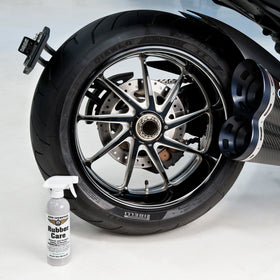 Split-view before and after tire treated with Aero Cosmetics, visual proof of color restoration