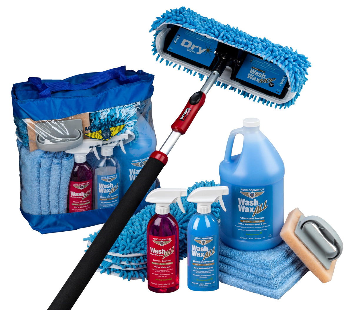 Aero Cosmetics complete kit laid out showing pole and accessories for efficient cleaning