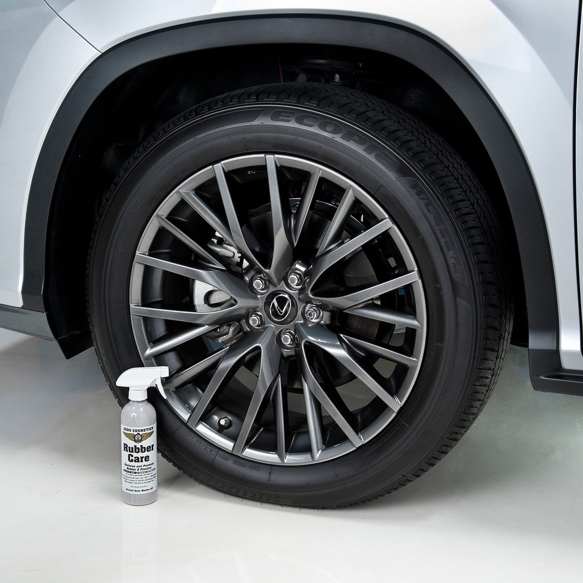 Aero Cosmetics tire before and after comparison demonstrating restored dark black look