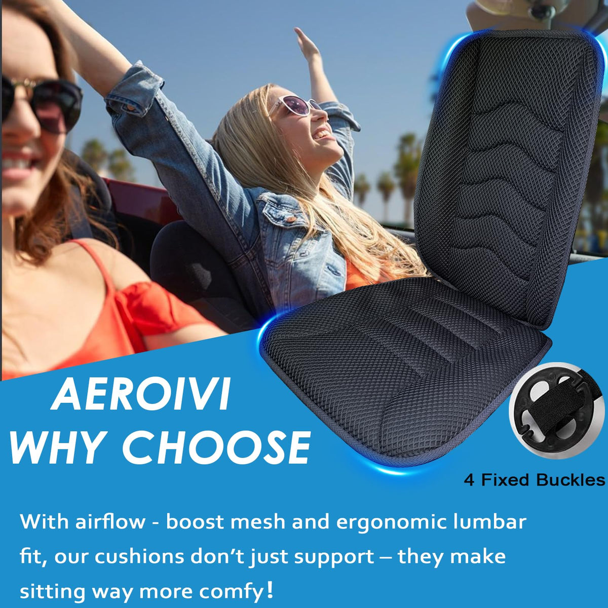 AEROiVi lumbar pillow close-up showing adjustable straps and targeted lower-back support benefit