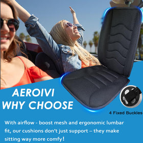 AEROiVi lumbar pillow close-up showing adjustable straps and targeted lower-back support benefit