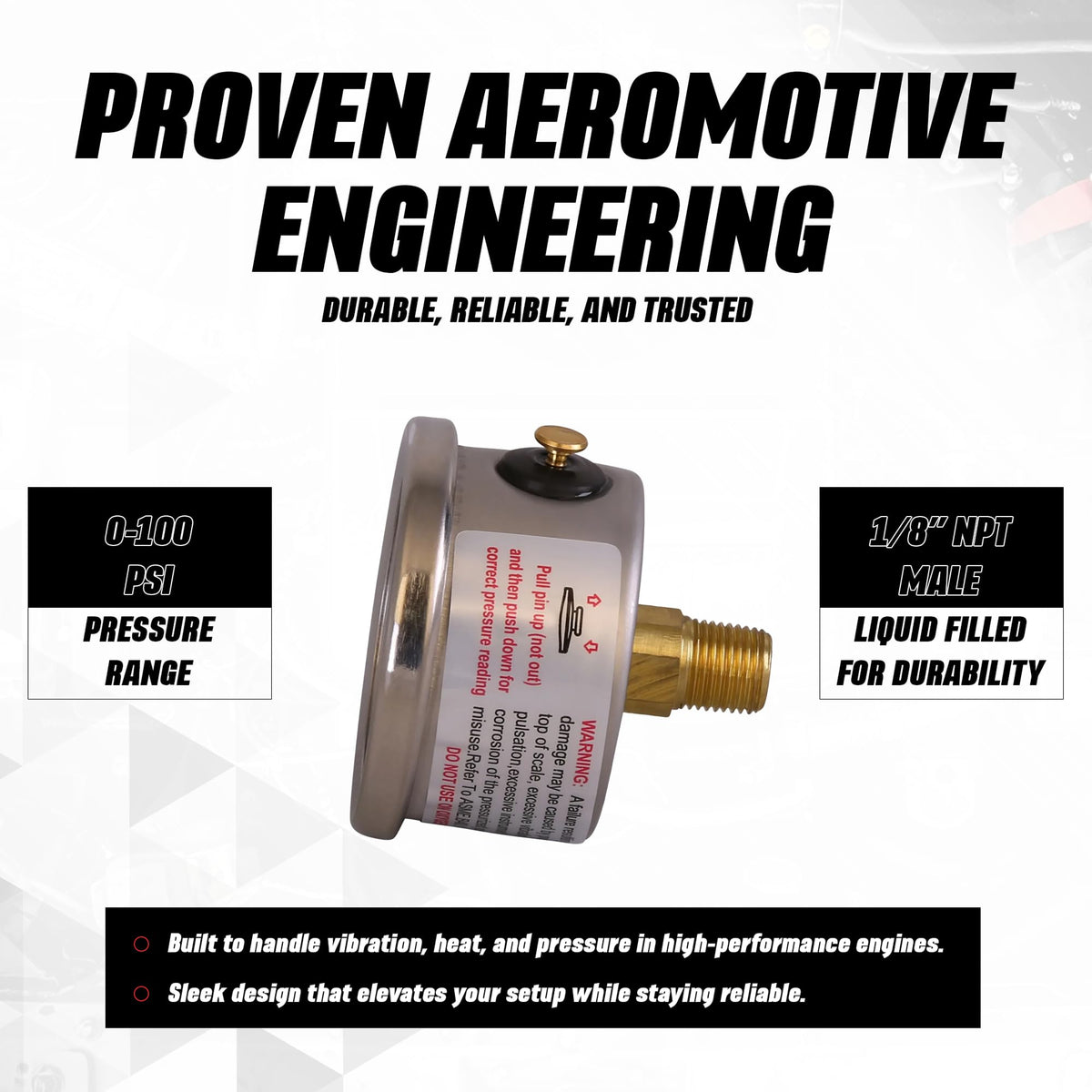 Aeromotive liquid-filled gauge close-up showing damped needle for accuracy
