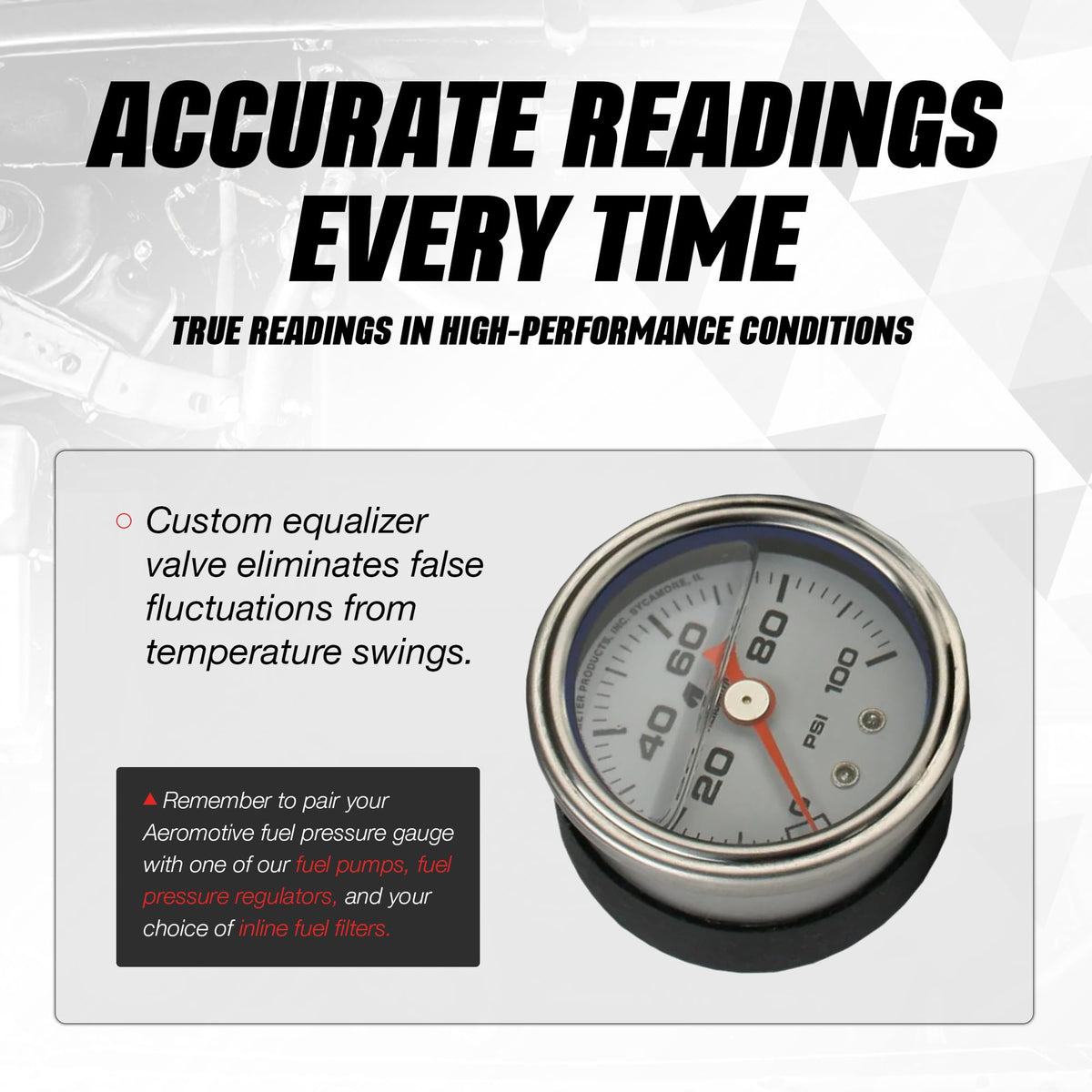 Aeromotive gauge beside ruler to show compact 1.5 inch size for tight spaces