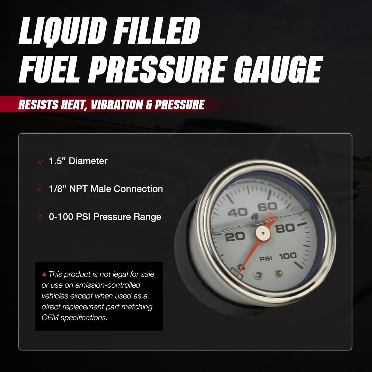 Aeromotive gauge in engine bay illustrating vibration-resistant under-hood use