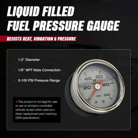 Aeromotive gauge in engine bay illustrating vibration-resistant under-hood use