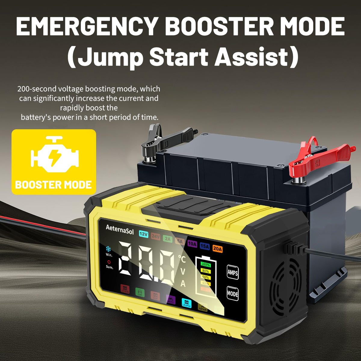 AeternaSol boost mode button close-up enabling rapid top-up charging