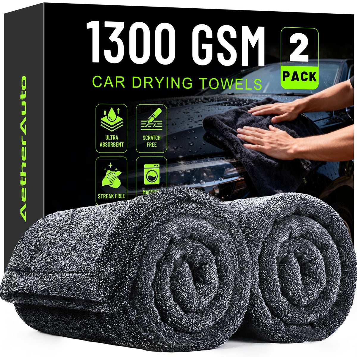 AetherAuto front packaging showing two 36x24 towels and quick benefits