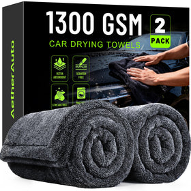 AetherAuto front packaging showing two 36x24 towels and quick benefits