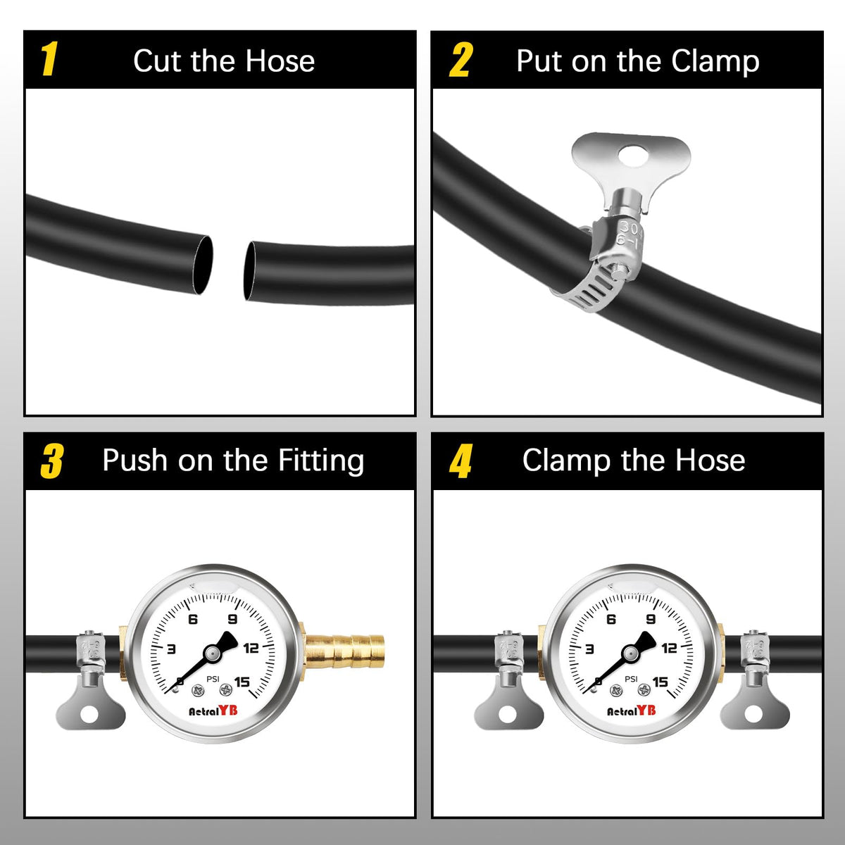 AetralYB assembled inline gauge installed on a fuel line demonstrating diagnostic use