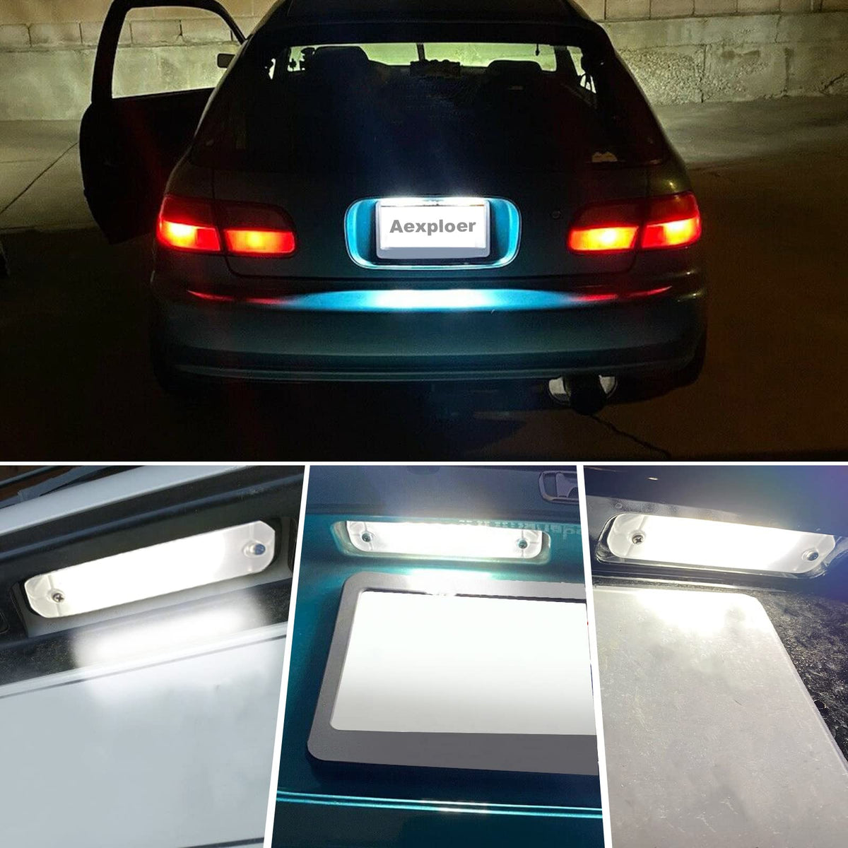 Aexploer mounted on license plate demonstrating clearer plate illumination at night