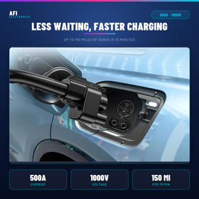 AFI adapter plugged into Tesla Supercharger highlighting high-speed charging benefit