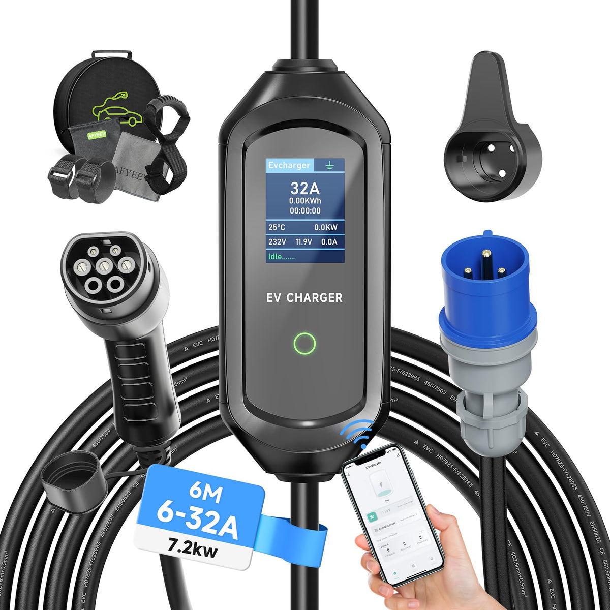 AFYEEV front view of Type 2 6m cable showing compact portable design and reliability