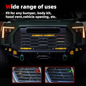 AggAuto grill mesh beside ruler showing 47x16 size for accurate fit