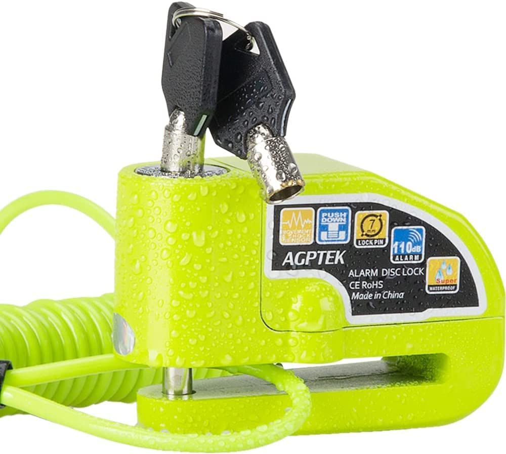 AGPTEK green disc lock front view showing compact design and visible alarm