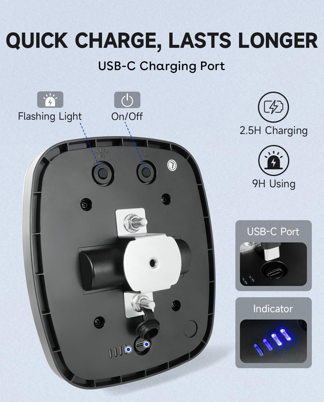 Agrieyes USB-C charging port close-up showing fast recharge benefit