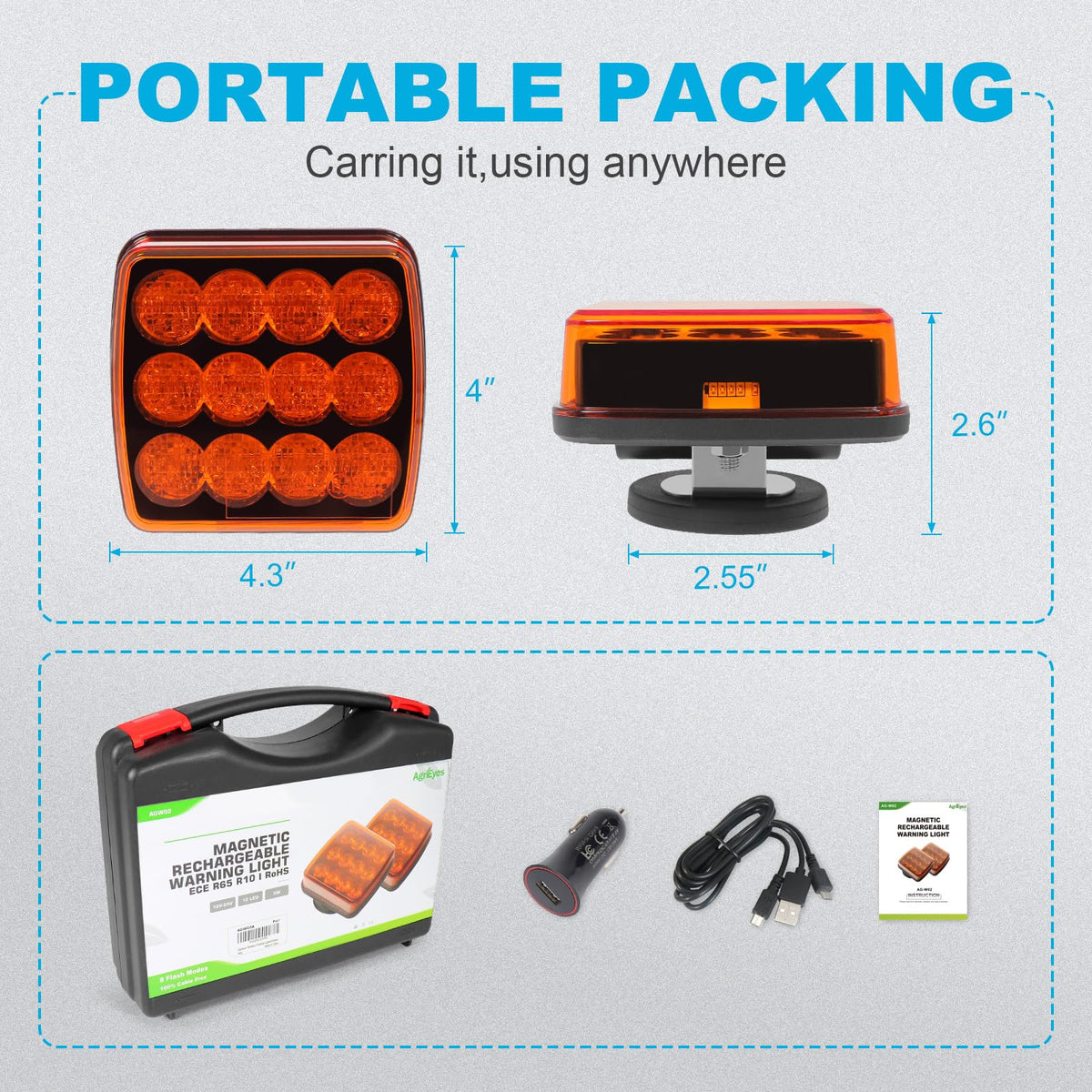 Agrieyes W02 packaging and accessories showing included charging and mount items