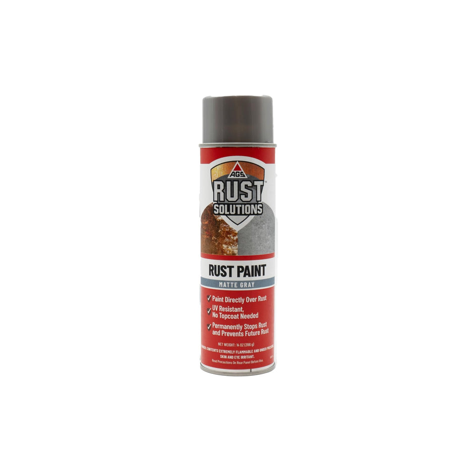 AGS RUST SOLUTIONS front can showing matte grey label and protective finish benefit