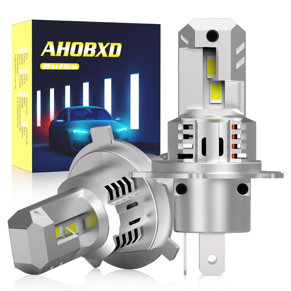 AHOBXD front packaging showing H4 bulbs and pack details for easy identification