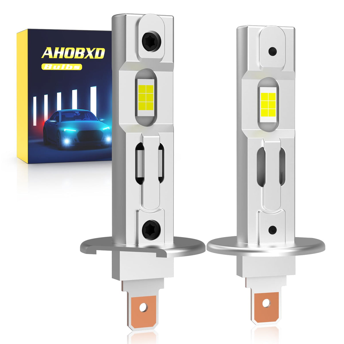 AHOBXD front packaging showing two H1 bulbs and specifications for quick identification