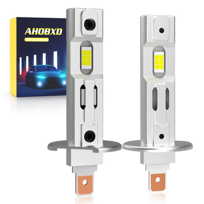 AHOBXD front packaging showing two H1 bulbs and specifications for quick identification