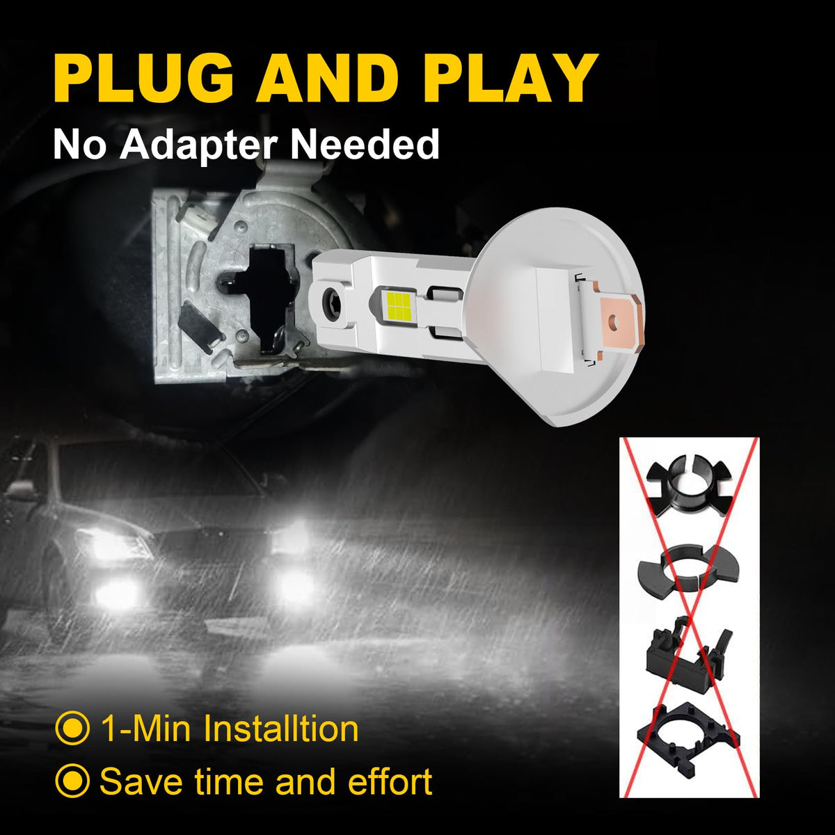 AHOBXD bulb installed in headlight housing showing bright white beam and better visibility