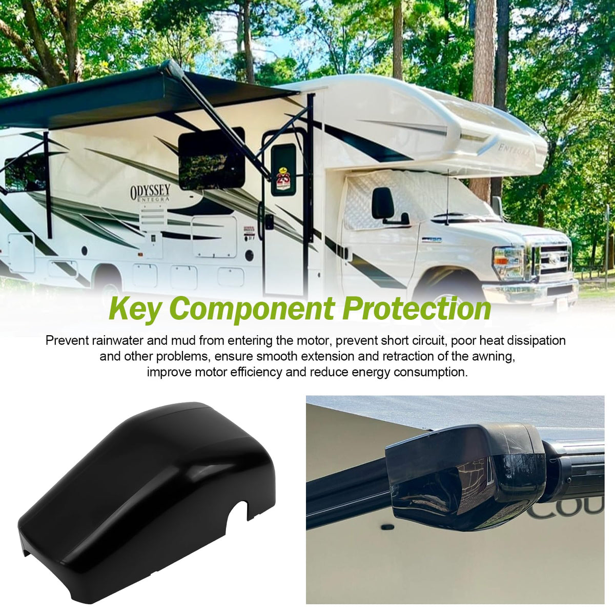 Ahuliao on a camper in park setting showing protected awning motor and peace of mind