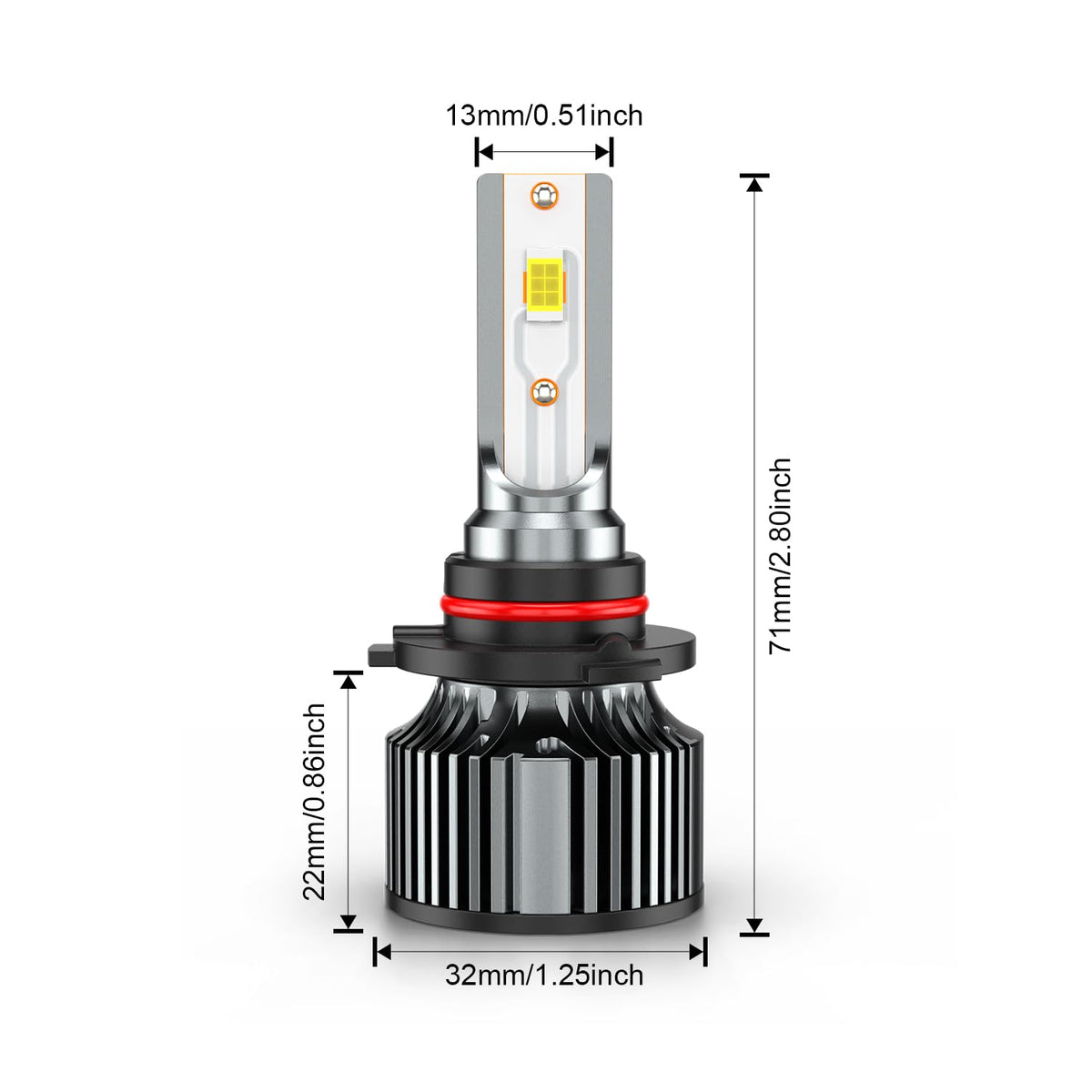 AHXLRLS bulb beside ruler showing compact size fits factory housings advantage