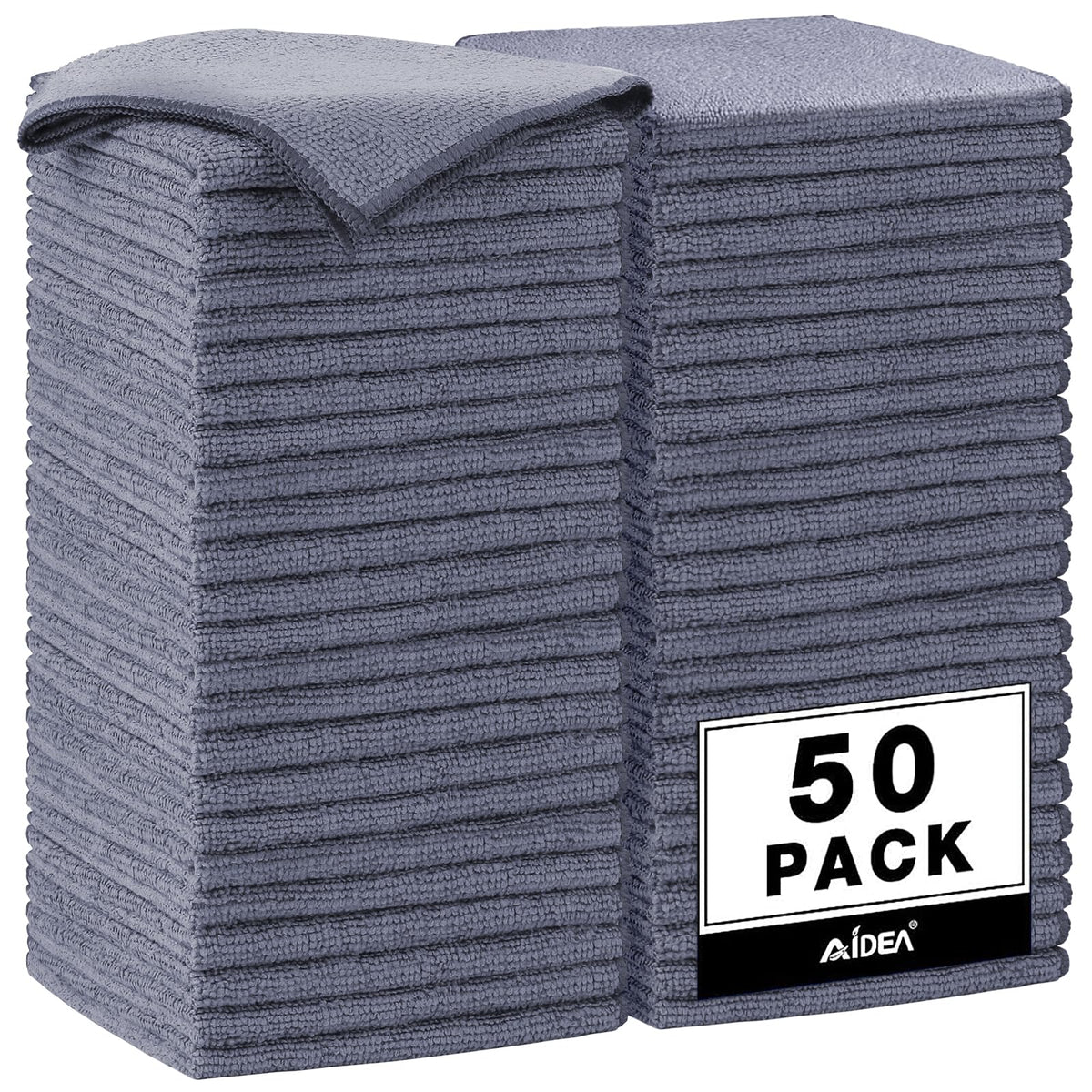AIDEA 50-pack gray microfiber towels front packaging showing quantity and size, durable supply