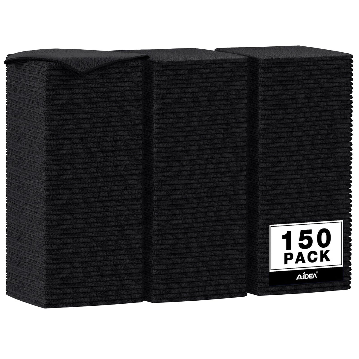 AIDEA front package of 150 black microfiber towels showing bulk value and neat packaging
