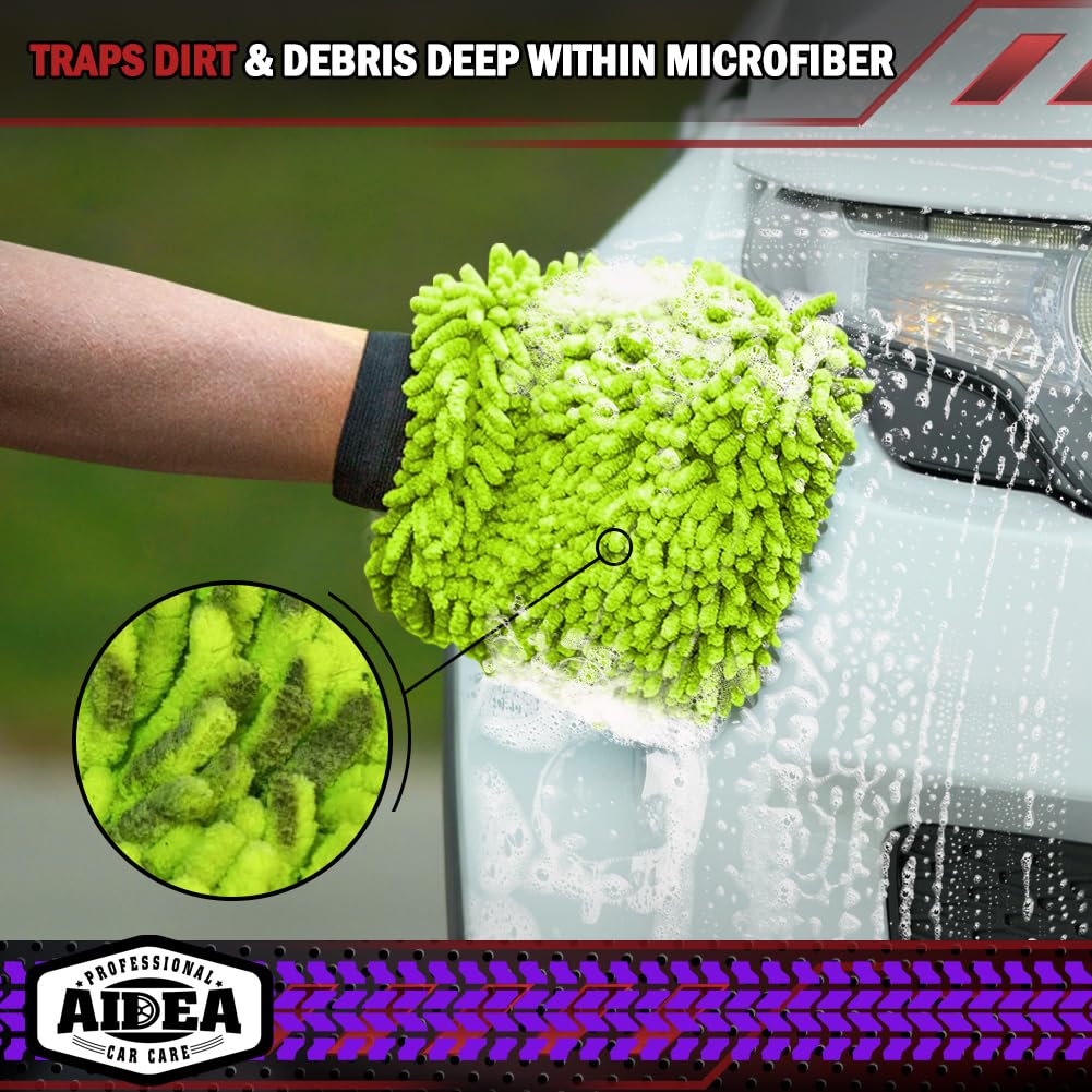AIDEA mitt on hand washing car panel demonstrating secure fit and gentle cleaning