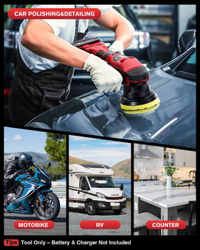AIDERAR polisher in use on car hood illustrating fast coverage and smooth finish