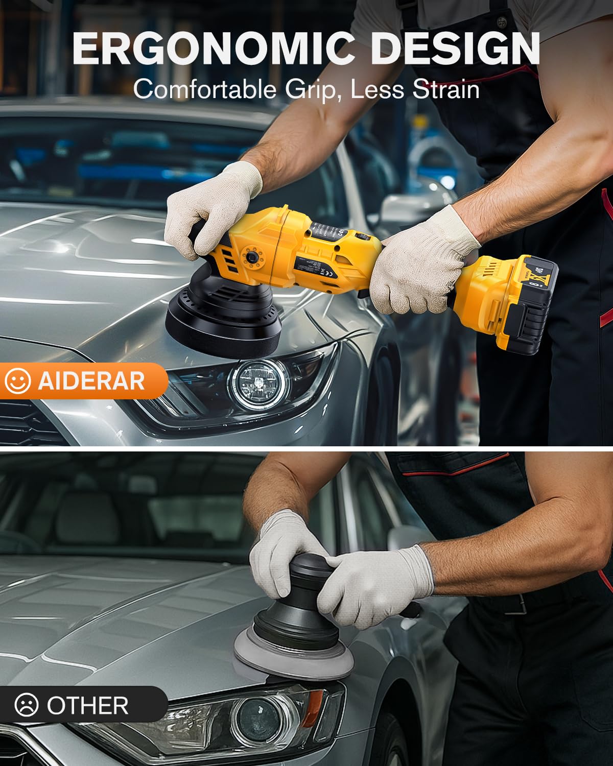 AIDERAR polisher next to hand for scale highlighting ergonomic length