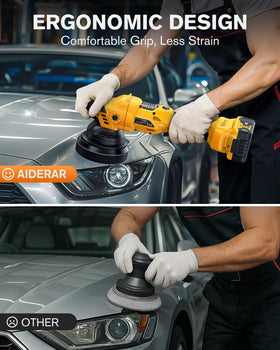 AIDERAR polisher next to hand for scale highlighting ergonomic length