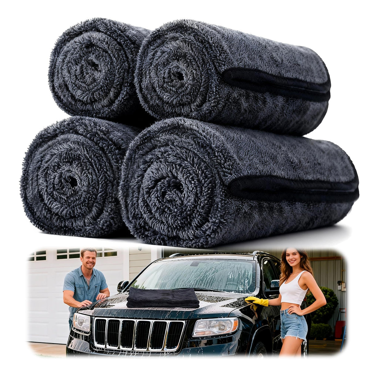 Aidoclip front packaging showing four black microfiber towels and kit benefit