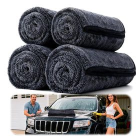 Aidoclip front packaging showing four black microfiber towels and kit benefit
