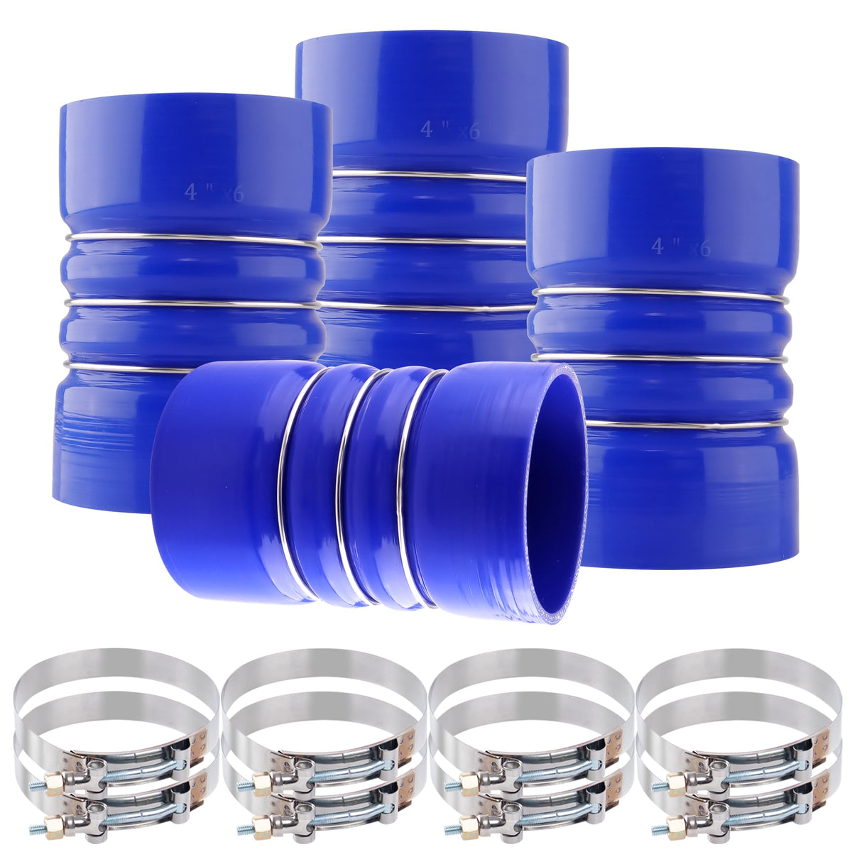 Ailbiuko front view of four blue silicone hump hoses showing kit completeness and fit