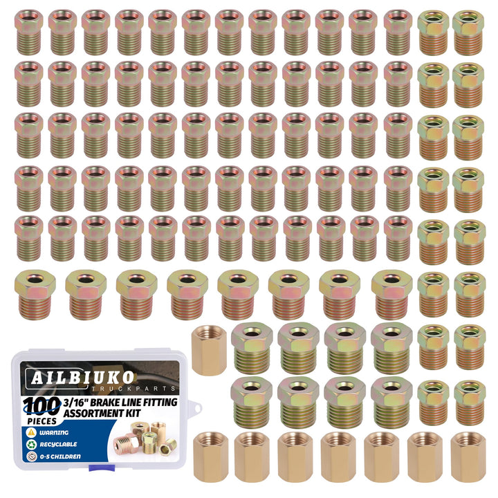 Ailbiuko front packaging showing 100-piece brake fittings kit for ready access