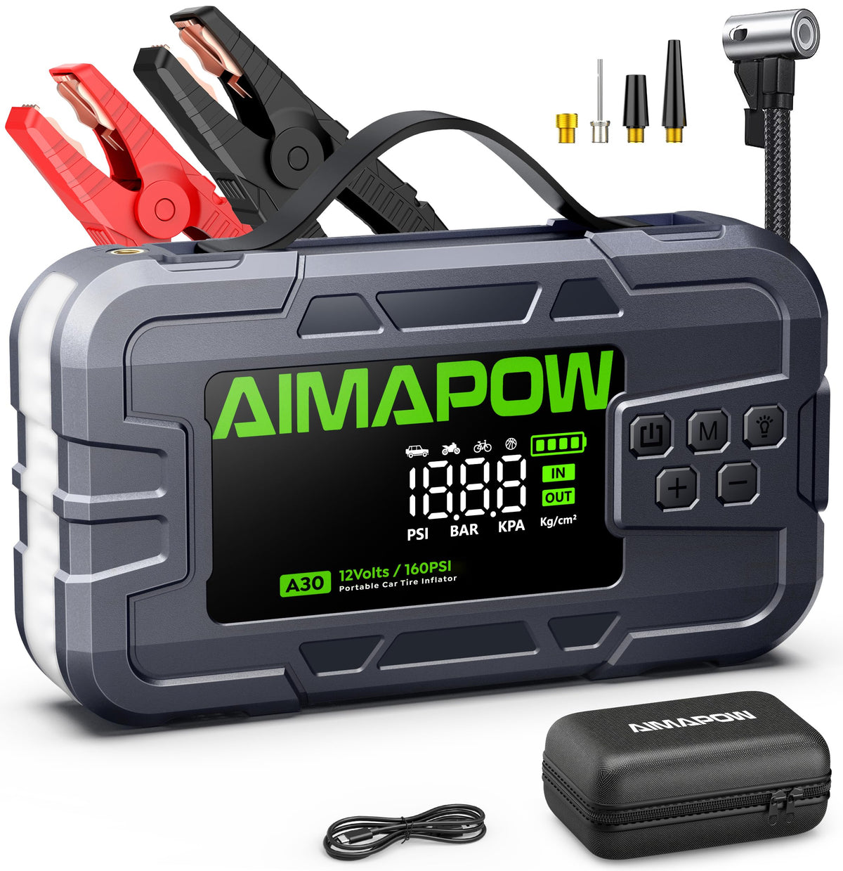 AIMAPOW front view showing compact jump starter and ports for quick access