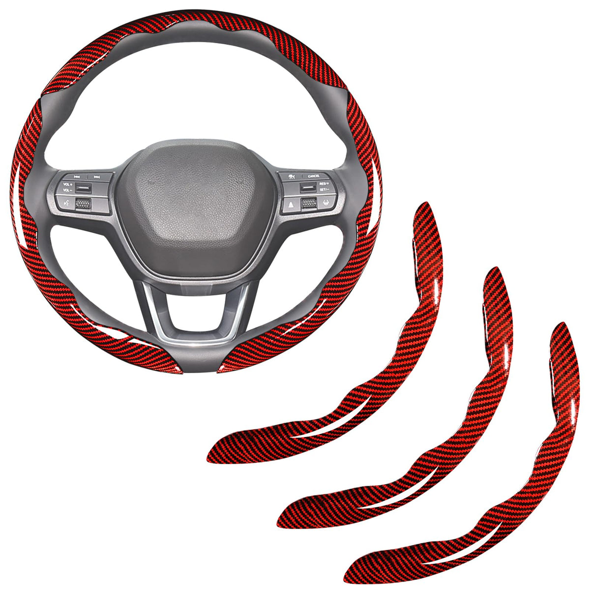 Aimato front view of red carbon fiber steering wheel cover showing sporty finish and better grip