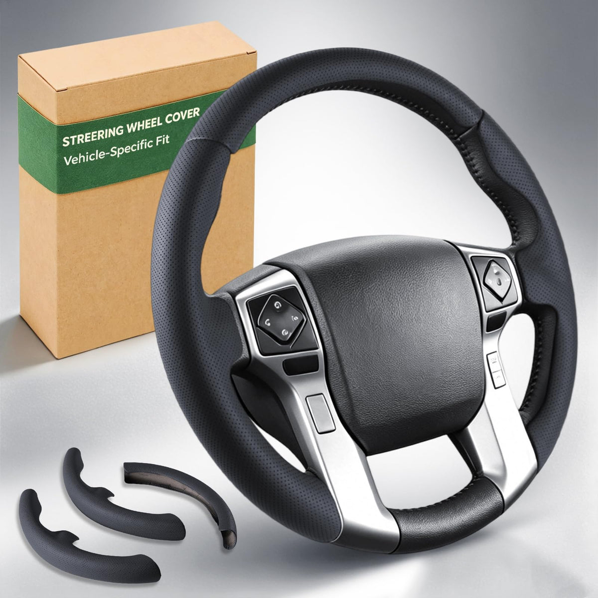 Aimato front view of steering wheel cover showing tailored fit and premium look