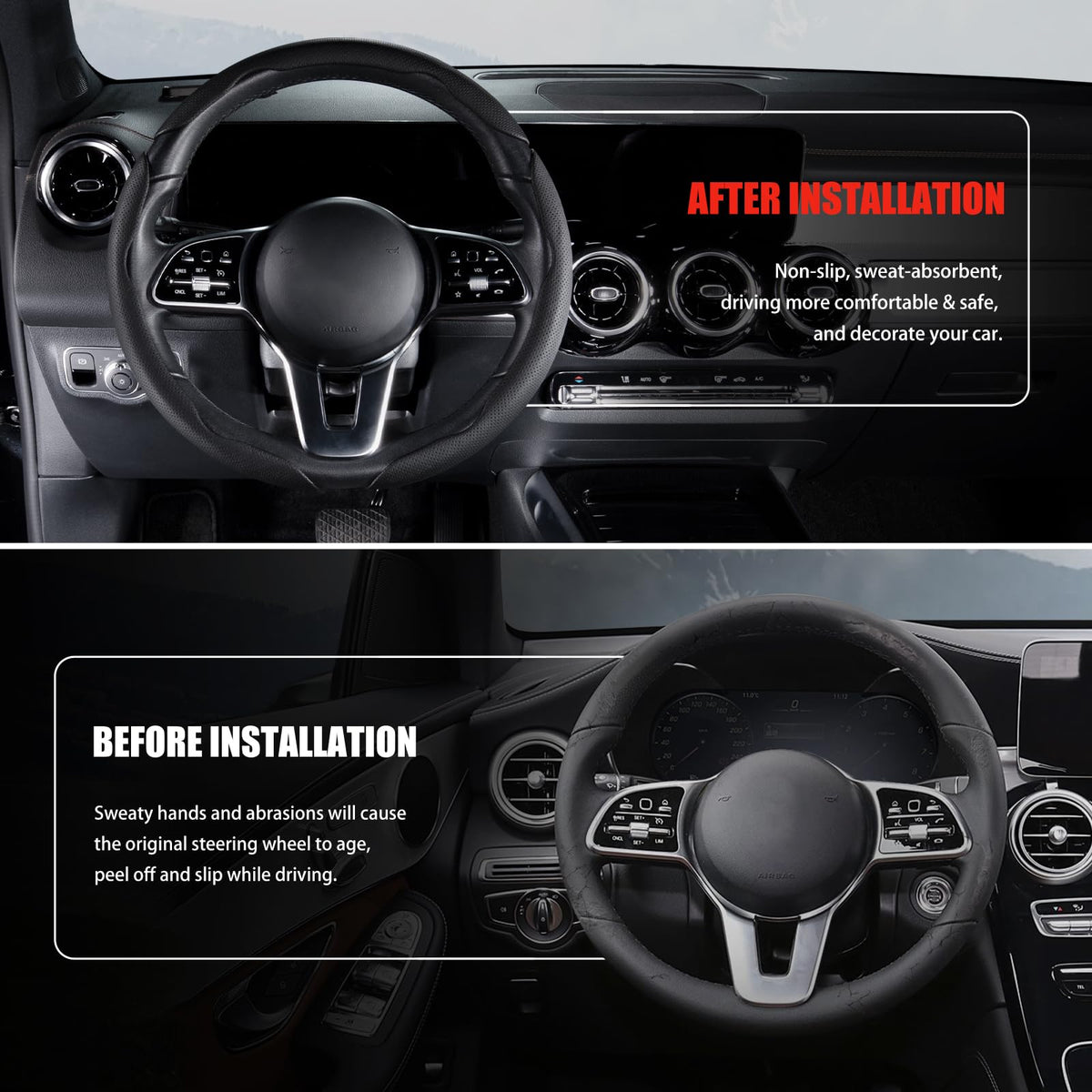 Aimato cover next to ruler showing fit for 14.5 to 15 inch steering wheels