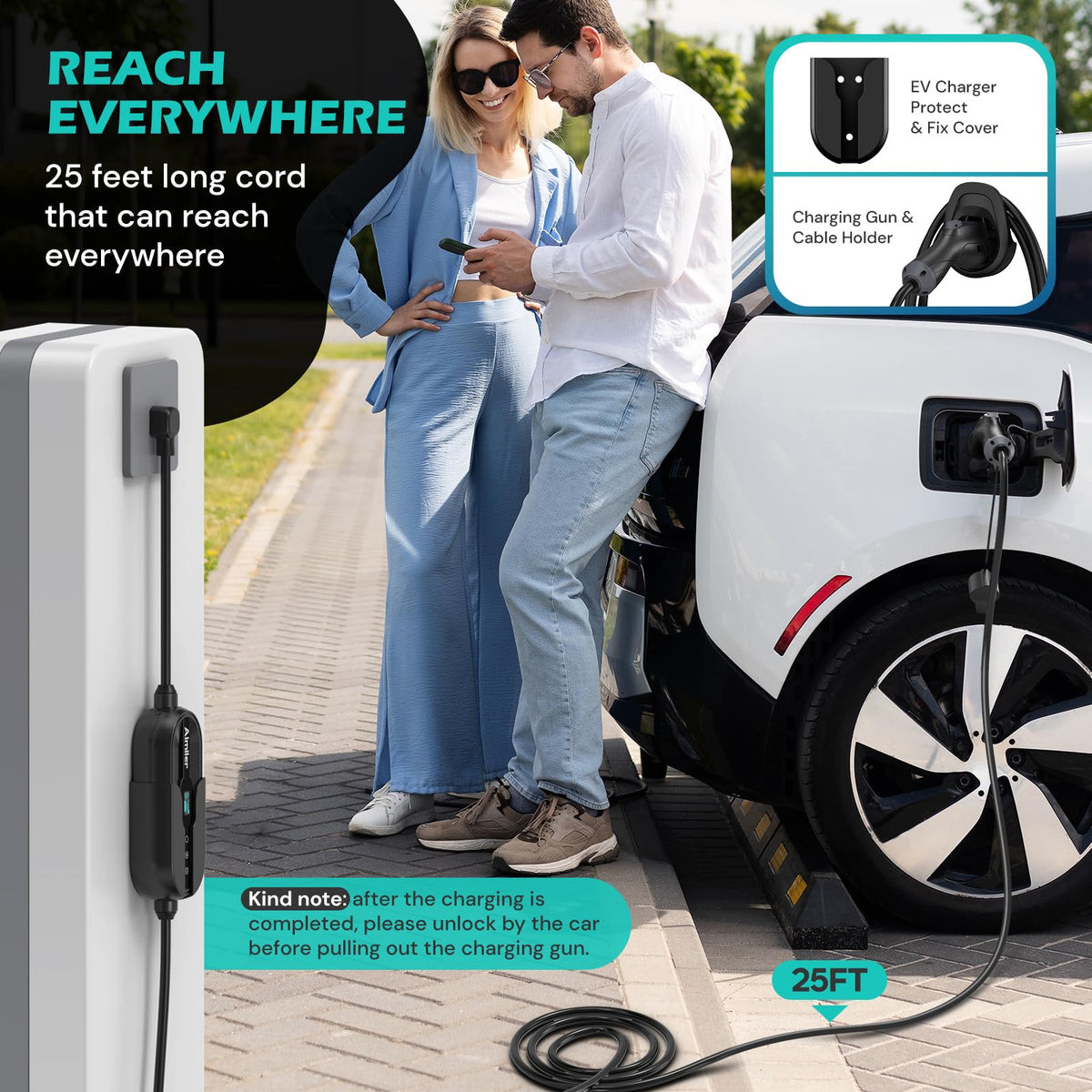 AIMILER EV plug connected to car demonstrating reliable charging performance