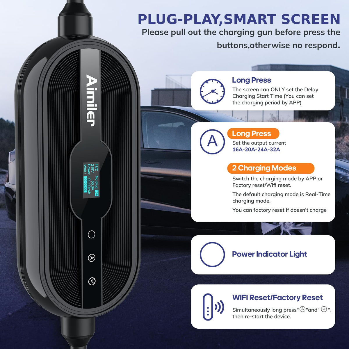 AIMILER plugged into a Tesla car port showing fast charging benefit