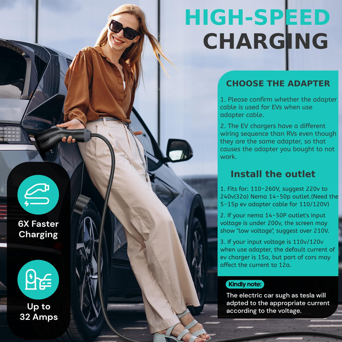 AIMILER NEMA 14‑50 plug detail highlighting safe 240V connection for faster charging