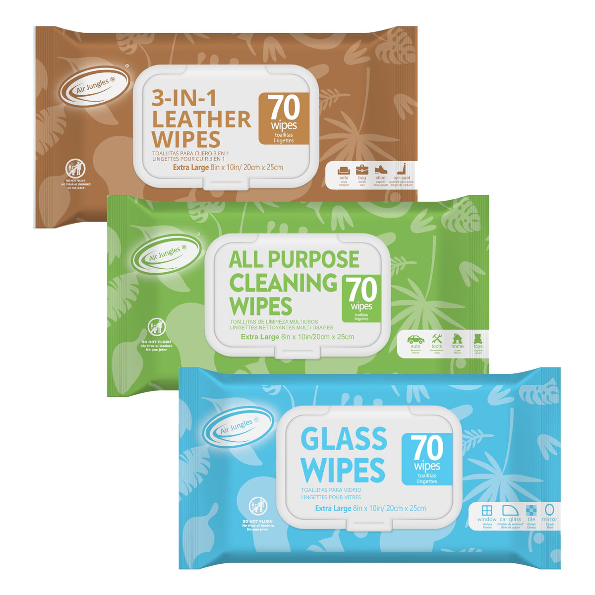 air jungles front packs showing three resealable pouches and XL wipes for value