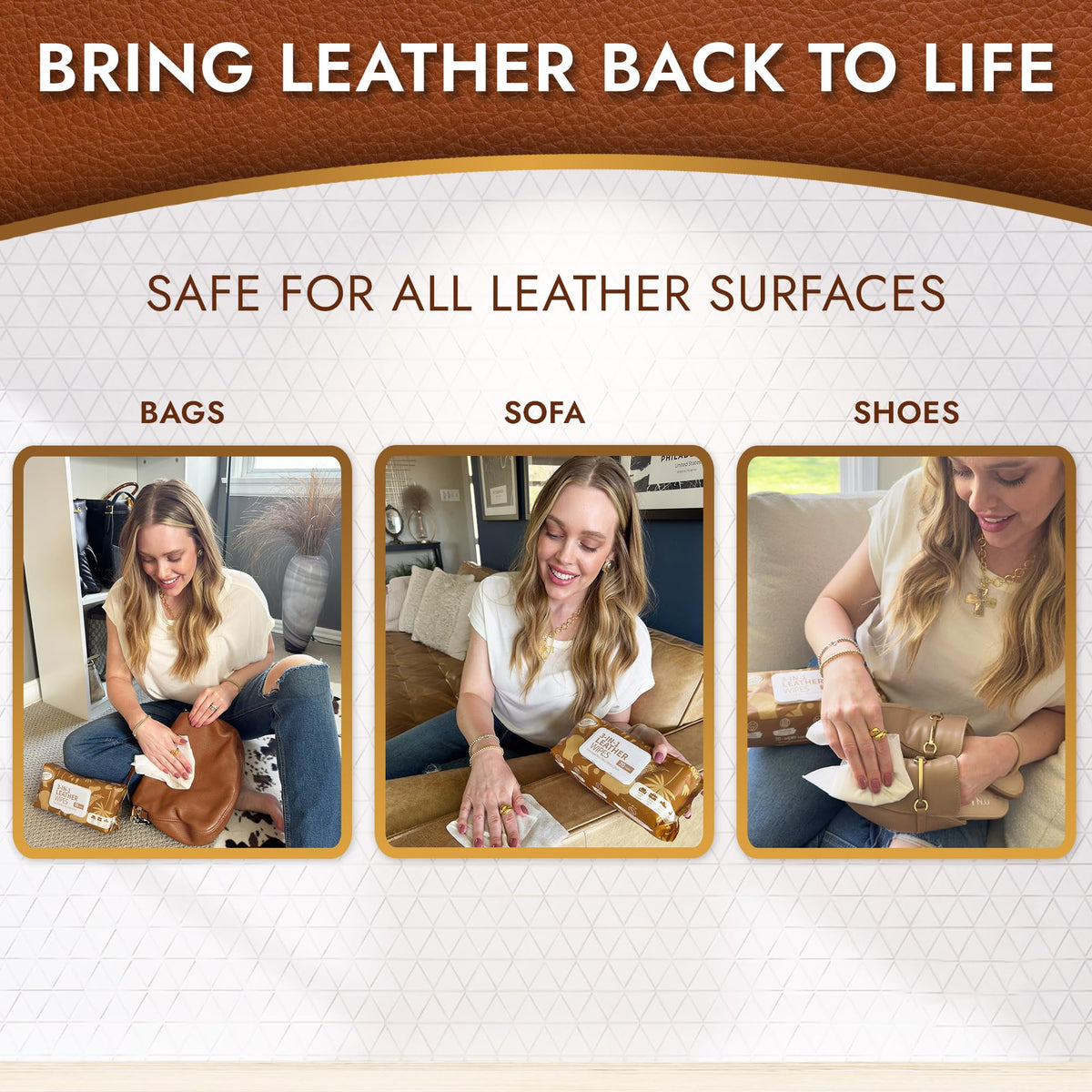 Air Jungles wipe used on leather sofa highlighting restoration of color and conditioned look