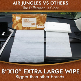 Air Jungles wipe next to a hand to show extra-large 8x10 size for efficient coverage