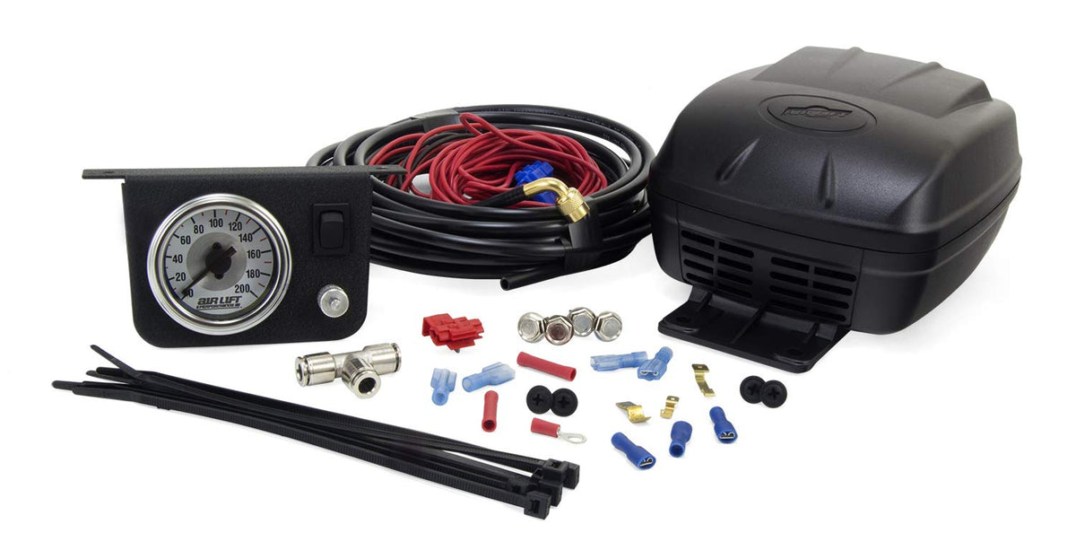 Air Lift 25804 front assembly showing compressor and gauge, clear install view