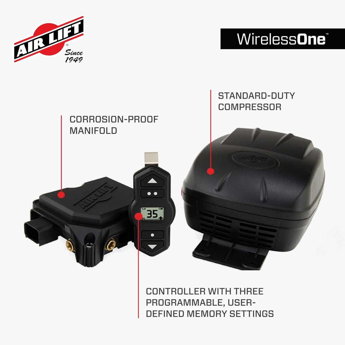 Air Lift close-up of 12V compressor illustrating durable performance
